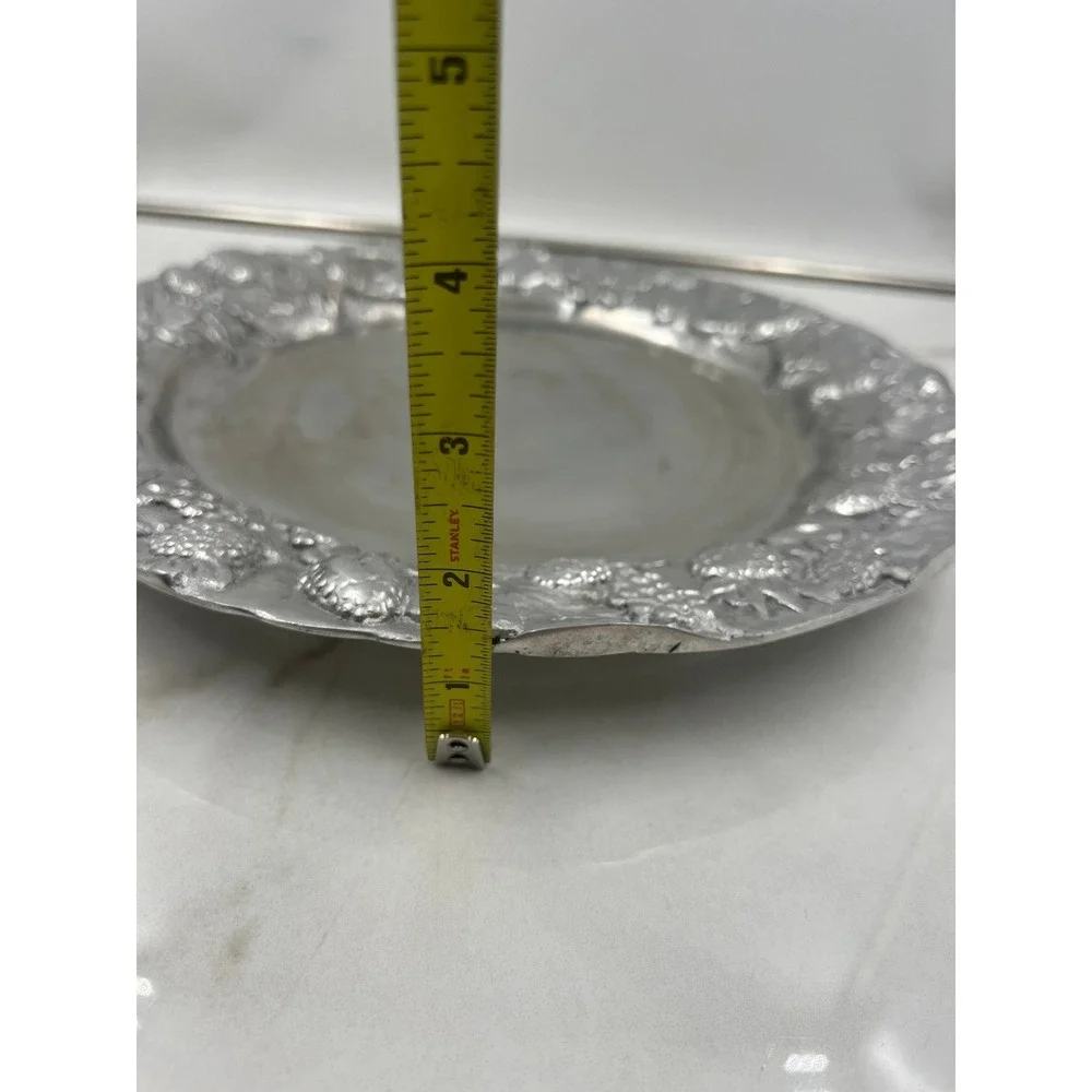 VTG Serving Platter Embossed Strawberries Floral Pewter Style Metal Charger 11.5